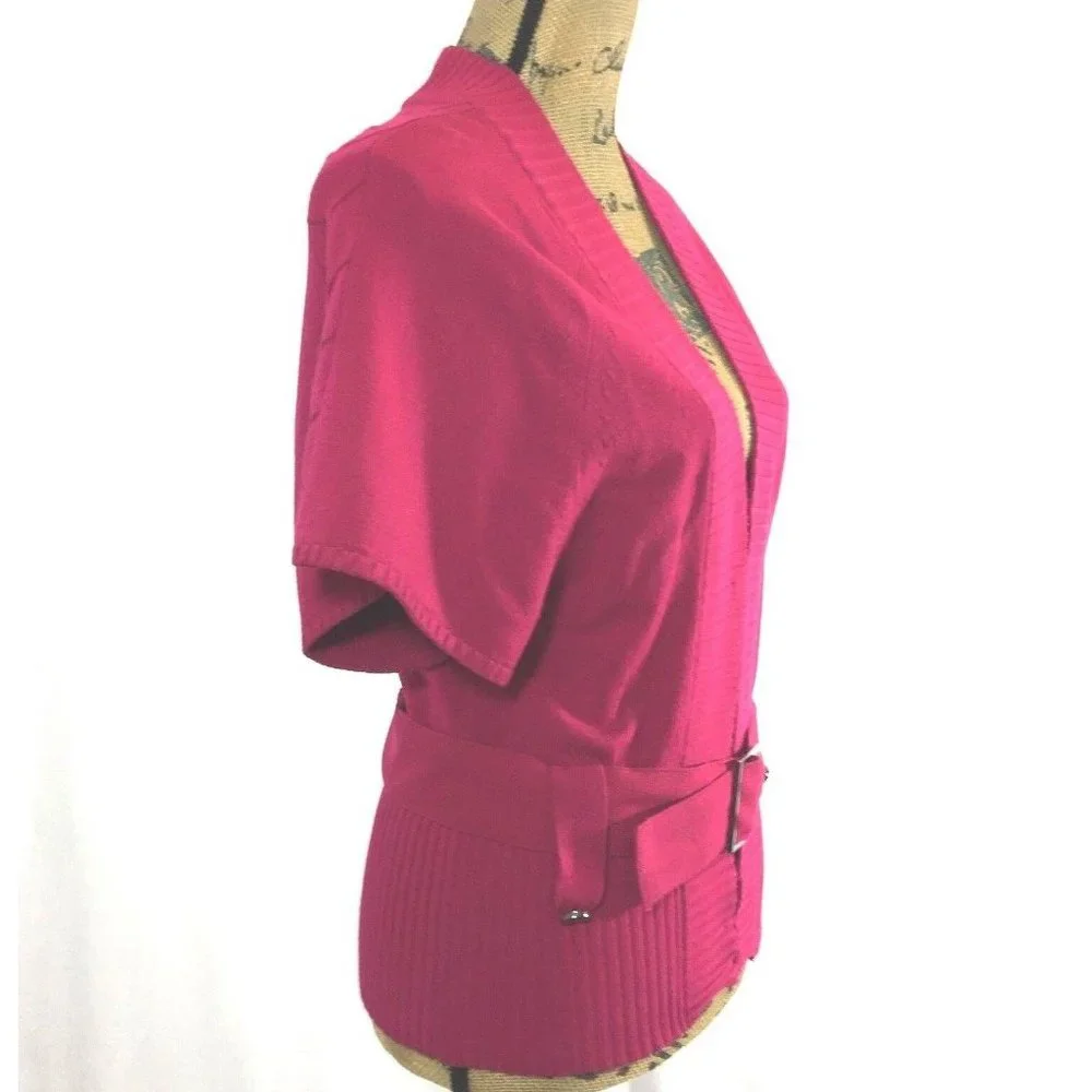 Etcetera Sm S Cardigan Top Dark Pink Belt Silver Buckle Short Dolman Sl‎ Stretch